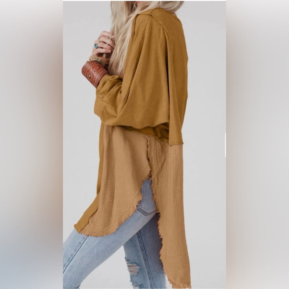 NEW Lovesoft Raw Edge Camel High- Cotton/ Gauze High- Low Pullover